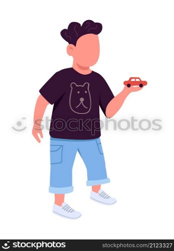 Boy with toy car semi flat color vector character. Standing figure. Full body person on white. Child playing isolated modern cartoon style illustration for graphic design and animation. Boy with toy car semi flat color vector character