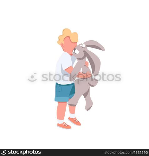 Boy with toy flat color vector faceless character. Little kid hug stuffed rabbit. Cute preschooler. Toddler play with doll isolated cartoon illustration for web graphic design and animation. Boy with toy flat color vector faceless character