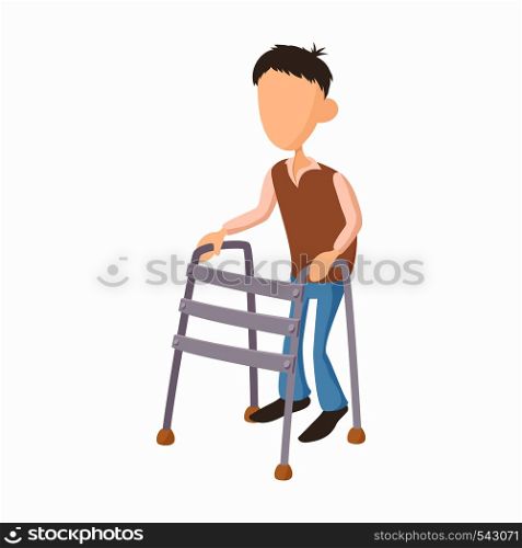 Boy with walker icon in cartoon style isolated on white background. Disability and assistance symbol. Boy with walker icon, cartoon style