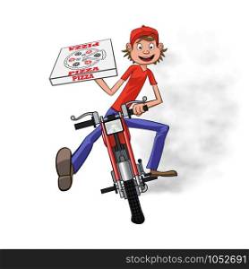 Boy working the pizza delivery. Riding on red motorbike for carries rush order. Fast delivery concept. Front view cartoon style. Vector illustration.. Boy working the pizza delivery. Riding on red motorbike for carries rush order. Fast delivery concept. Front view cartoon style. Vector illustration