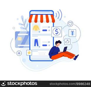 Boy write review about purchase in internet shop. Vector customer internet read feedback and survey purchase, write review shopping online illustration. Boy write review about purchase in internet shop
