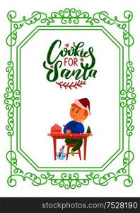 Boy writing letter for Saint Nicholas, cookies for Santa lettering in green and red, frame. Boy thinking of wish to make, kid writing mail, pine tree on table. Boy Writing Letter Saint Nicholas, Cookies Santa