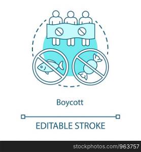 Boycott concept icon. Public demonstration, product sanctions, consumer activism idea thin line illustration. Protesters, activists with banner vector isolated outline drawing. Editable stroke