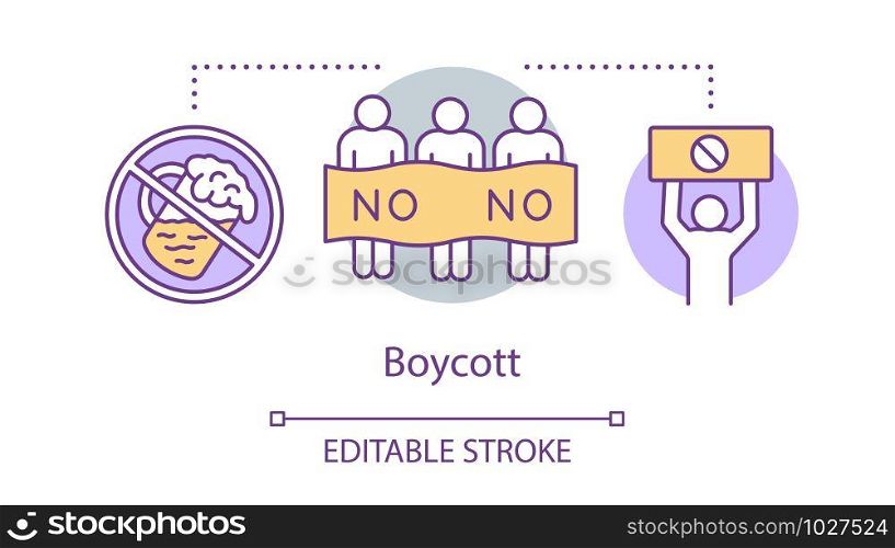 Boycott concept icon. Public product abstention, consumer activism idea thin line illustration. Protesters, activists with banners and placards vector isolated outline drawing. Editable stroke