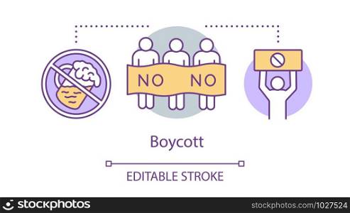 Boycott concept icon. Public product abstention, consumer activism idea thin line illustration. Protesters, activists with banners and placards vector isolated outline drawing. Editable stroke