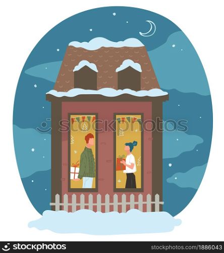 Boyfriend and girlfriend celebrating new year or christmas, giving presents. Man and woman ar home on xmas eve. Family winter holiday, people in apartment. Snowy house exterior, vector in flat style. Man and woman giving presents on new year or xmas