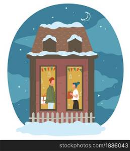 Boyfriend and girlfriend celebrating new year or christmas, giving presents. Man and woman ar home on xmas eve. Family winter holiday, people in apartment. Snowy house exterior, vector in flat style. Man and woman giving presents on new year or xmas