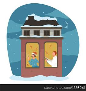 Boyfriend and girlfriend celebrating winter holidays at home. Man and woman throwing confetti on xmas. House exterior with snowy roof. New year eve, night evening apartment, vector in flat style. Man and woman celebrating Christmas holiday vector