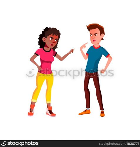 Boyfriend And Girlfriend Couple Conflict Vector. Aggressive Conflict Of Friends Boy And Girls Teenagers, Angry Quarrelling And Discussing. Characters Shouting Flat Cartoon Illustration. Boyfriend And Girlfriend Couple Conflict Vector