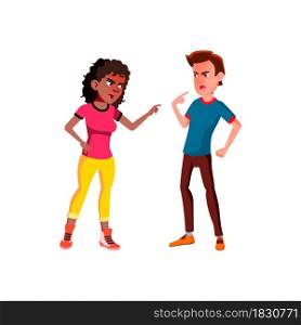 Boyfriend And Girlfriend Couple Conflict Vector. Aggressive Conflict Of Friends Boy And Girls Teenagers, Angry Quarrelling And Discussing. Characters Shouting Flat Cartoon Illustration. Boyfriend And Girlfriend Couple Conflict Vector