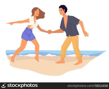 Boyfriend and girlfriend dancing by shore of seaside. Man and woman practicing dancing skills and movements by sea. Seascape and couple in love on vacations or honeymoon. Vector in flat style. Man and woman practicing dances by seaside vector