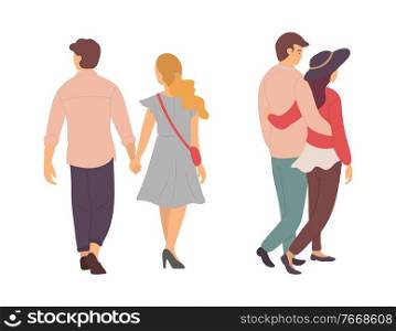 Boyfriend and girlfriend in love vector, man and woman walking cuddling, back view of people on dates, double date of friends spending time together. Couples Walking and Holding Hands, Man and Woman