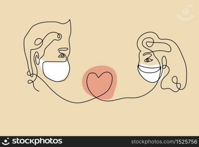 Boyfriend and girlfriend masked couple in line art modern trendy style. Abstract woman face one line. Vector illustration.. Boyfriend and girlfriend masked couple in line art modern trendy style. Abstract woman face one line. Vector illustration