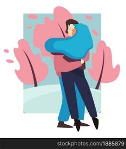 Boyfriend and girlfriend on date in park o forest hugging and kissing. Male and female in emotional embrace, husband and wife, man and woman in relationships. Cuddling couple vector in flat style. Man and woman on date kissing in park