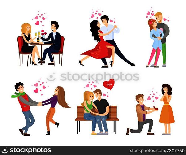 Boyfriend and girlfriend rest in restaurant, dance tango, embrace and merrily hugs on bench, man makes proposal to woman vector illustration isolated set. Boyfriend Girlfriend Rest Restaurant Dance Tango