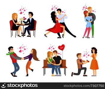 Boyfriend and girlfriend rest in restaurant, dance tango, embrace and merrily hugs on bench, man makes proposal to woman vector illustration isolated set. Boyfriend Girlfriend Rest Restaurant Dance Tango