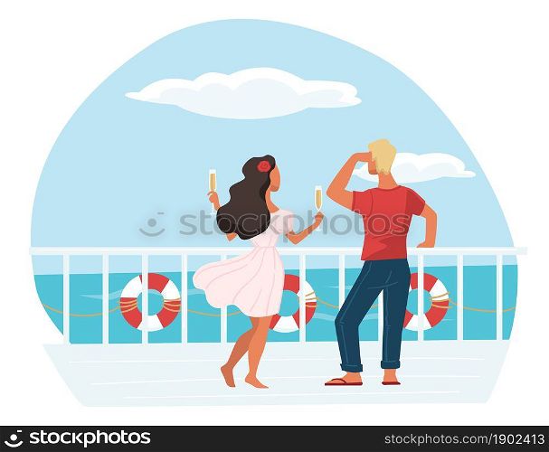 Boyfriend and girlfriend spending vacation or weekends on cruise liner. Man and woman drinking champagne standing on deck by sea or ocean. Honeymoon or holiday celebration. Vector in flat style. Man and woman on cruise liner drinking champagne