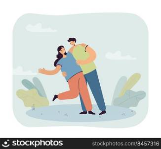 Boyfriend holding girlfriend romantically. Happy couple, male and female characters on date flat vector illustration. Romance, relationship concept for banner, website design or landing web page