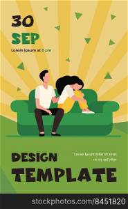 Boyfriend holding shoulder and consoling sad woman. Sofa, family, support flat vector illustration. Depression and melancholy concept for banner, website design or landing web page