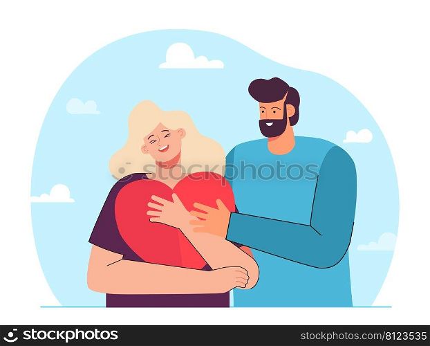 Boyfriend hugging happy girlfriend holding big comic heart. Cheerful cartoon couple flat vector illustration. Love, romance, relationship concept for banner, website design or landing web page