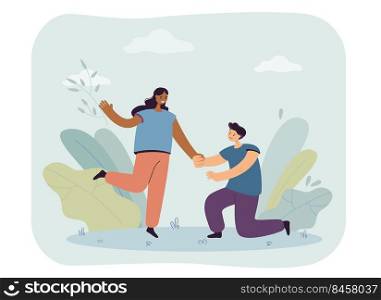 Boyfriend kneeling and holding hand of girlfriend. Young man confessing love to happy woman flat vector illustration. Relationship, romance, dating concept for banner, website design or landing page