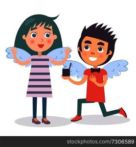 Boyfriend makes wedding proposal to his girlfriend vector illustration with two happy young people with angels wings isolated on white background. Boyfriend Makes Wedding Proposal to His Girlfriend
