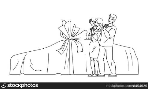 Boyfriend Present Girlfriend Car Surprise Vector. Man Presenting Woman Car Gift Decorated Festive Bow. Happy Characters Couple Won Automobile In Lottery Together black line illustration. Boyfriend Present Girlfriend Car Surprise Vector