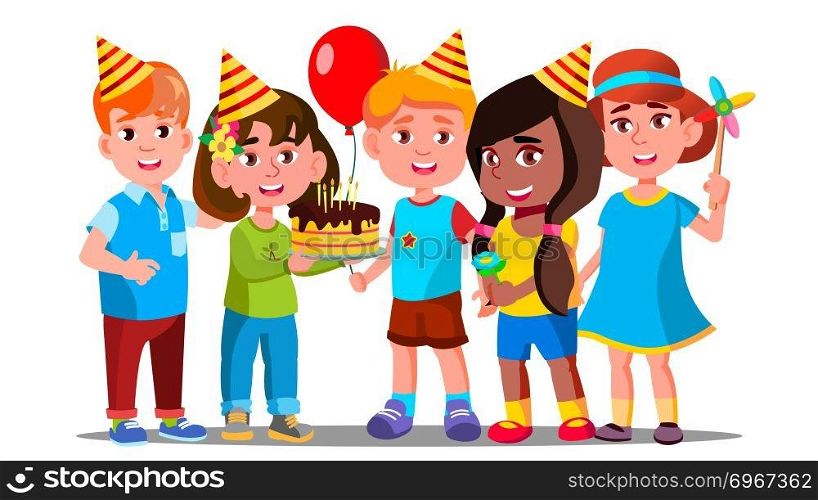 Boys And Girls Celebrate Birthday Of Child Vector. Illustration. Boys And Girls Celebrate Birthday Of Child Vector. Isolated Illustration