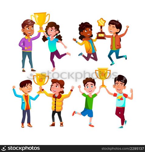 Boys And Girls Children With Trophy Cup Set Vector. Happiness Kids With Trophy Cup Award Celebrate Victory In Game Or Competition Together. Characters With Reward Flat Cartoon Illustrations. Boys And Girls Children With Trophy Cup Set Vector