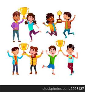 Boys And Girls Children With Trophy Cup Set Vector. Happiness Kids With Trophy Cup Award Celebrate Victory In Game Or Competition Together. Characters With Reward Flat Cartoon Illustrations. Boys And Girls Children With Trophy Cup Set Vector