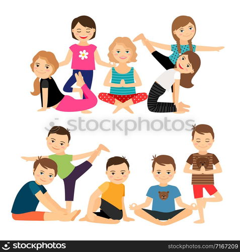 Boys and girls groups in yoga poses vector illustration. Kids groups in yoga poses