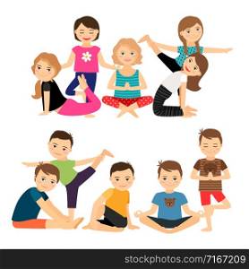 Boys and girls groups in yoga poses vector illustration. Kids groups in yoga poses
