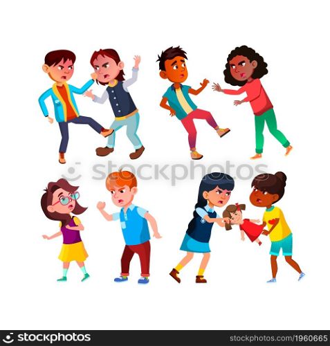 Boys And Girls Kids Aggression Conflict Set Vector. Schoolboys And Schoolgirls Aggression Quarrel, Bullying And Fight. Characters School Pupils Disagreement Flat Cartoon Illustrations. Boys And Girls Kids Aggression Conflict Set Vector