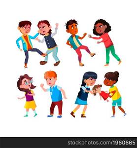 Boys And Girls Kids Aggression Conflict Set Vector. Schoolboys And Schoolgirls Aggression Quarrel, Bullying And Fight. Characters School Pupils Disagreement Flat Cartoon Illustrations. Boys And Girls Kids Aggression Conflict Set Vector