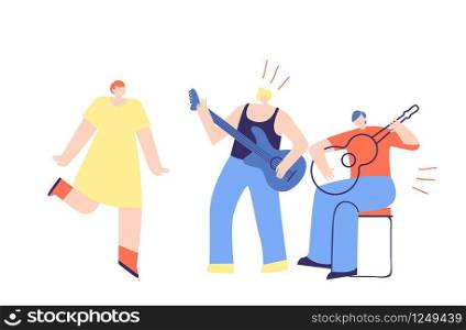 Boys Band Playing Guitar, Singing Loud Song, Happy Woman Fan Dancing nearby. Cartoon Man Guitar Players and Audience. Rhythmic Melody Pop Rock Acoustic Concert. Music People Flat Vector Illustration. Boys Band Playing Guitar Music People Flat Vector