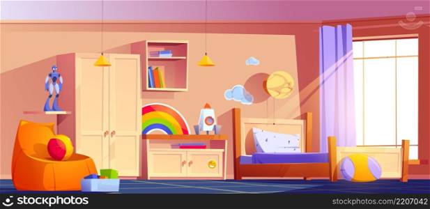 Boys bedroom with bed, bookshelf, cupboard, chair and toys box. Vector cartoon illustration of kids room interior with nightstand, books, ball, rocket, robot and night light on wall. Boys bedroom interior with bed and toys