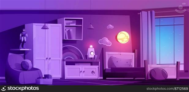 Boys bedroom with bed, cupboard, bookshelf,chair and toys box at night. Vector cartoon illustration of empty kids room interior with books, ball, rocket, robot and night light on wall. Boys bedroom with bed and toys at night