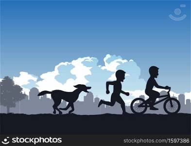 boys enjoy with run and cycling compete with dog ,vector illustration