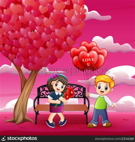 Boys giving girls red a heart shaped air balloons and flower on the romantic garden