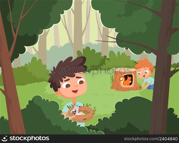 Boys in forest. Wildlife adventures, teens with animals on nature. Bird nest and squirrel, happy kids camping vector illustration. Boy in forest with animal, woodland and kids. Boys in forest. Wildlife adventures, teens with animals on nature. Bird nest and squirrel, happy kids camping vector illustration