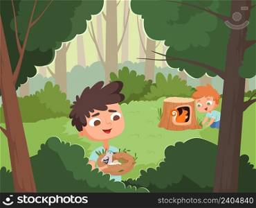 Boys in forest. Wildlife adventures, teens with animals on nature. Bird nest and squirrel, happy kids camping vector illustration. Boy in forest with animal, woodland and kids. Boys in forest. Wildlife adventures, teens with animals on nature. Bird nest and squirrel, happy kids camping vector illustration