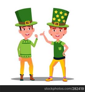 Boys In Green Suits At St Patrick Day In Ireland Vector. Illustration. Boys In Green Suits At St Patrick Day In Ireland Vector. Isolated Illustration