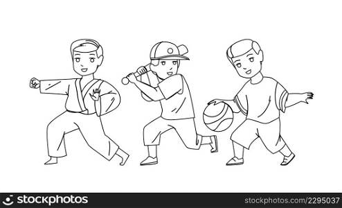 Boys Kids Playing And Training Sport Game Black Line Pencil Drawing Vector. Little Schoolboys Exercising Karate, Play Baseball And Basketball Sport Game With Ball. Characters Sportive Activity. Boys Kids Playing And Training Sport Game Vector