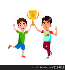 Boys Kids With Trophy Cup Celebrate Victory Vector. Happy Schoolboys Holding Golden Trophy Cup Award And Celebrating Achieving In Sport Competition Togetherness. Characters Flat Cartoon Illustration. Boys Kids With Trophy Cup Celebrate Victory Vector