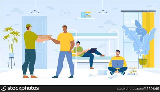 Boys Students Ordering Fastfood Snack to Hostel. Fast Delivery Service for Online Ordering Pizza. Male Friends with Laptop and Man Courier Carrying Food. Room Interior. Vector Illustration
