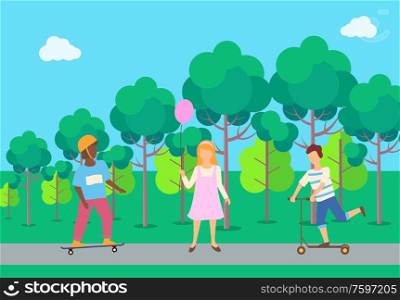 Boys with skateboard and scooter, girl holding balloon, teenagers in casual clothes playing in park near trees, children activity outdoor, healthy vector. Children with Skateboard and Scooter, Park Vector