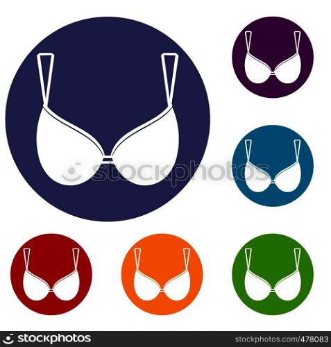 Bra lingerie icons set in flat circle red, blue and green color for web. Bra lingerie icons set