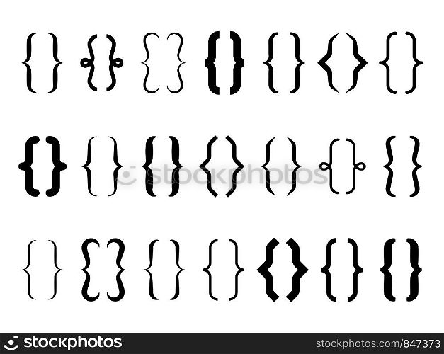 Brackets. Vintage curly brace typography symbols, calligraphic shapes of parenthesis, line text frames. Vector type drawing clean quote elements. Brackets. Vintage curly brace typography symbols, calligraphic shapes of parenthesis, line text frames. Vector type elements