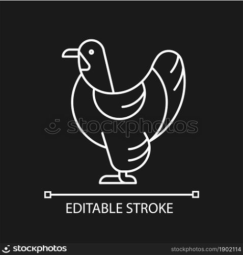 Brahma hen linear icon for dark theme. American chicken breed. Poultry farming. Feathered shanks. Thin line customizable illustration. Isolated vector contour symbol for night mode. Editable stroke. Brahma hen linear icon for dark theme