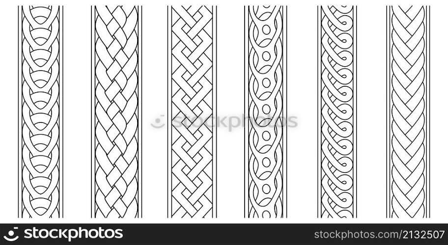 Braid borders. Abstract braids border set, religious knitted seamless ornaments, linear knitted striped decorative ropes vector graphics, weaving intertwined line patterns isolated on white. Braid borders. Abstract braids border set, religious knitted seamless ornaments, linear knitted striped decorative ropes vector graphics, weaving intertwined line patterns